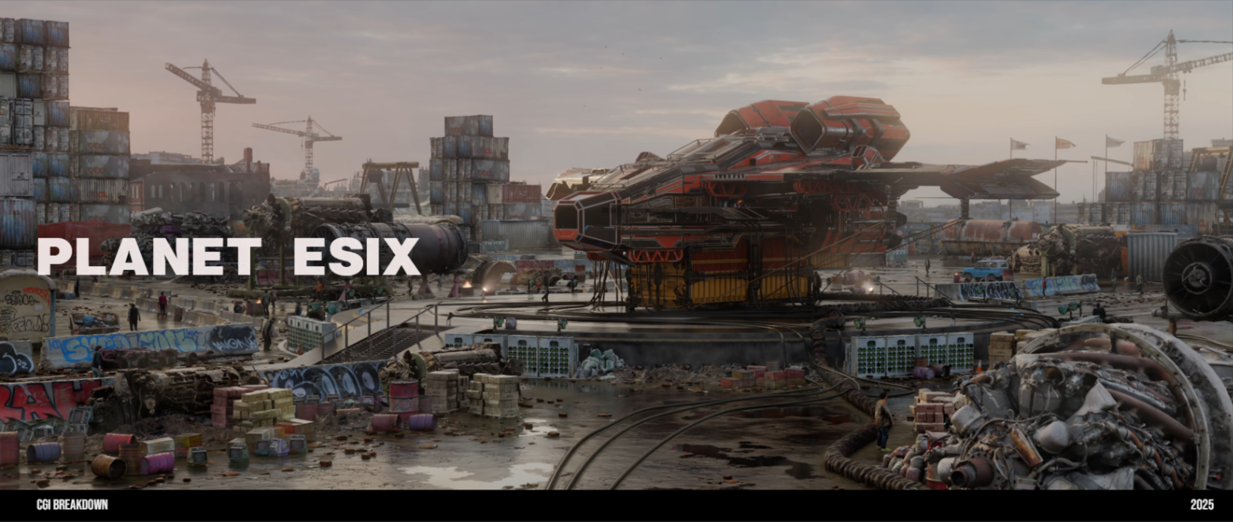 Industrial futuristic scene with a large spaceship, cranes, and containers. "Planet Esix" text overlay.