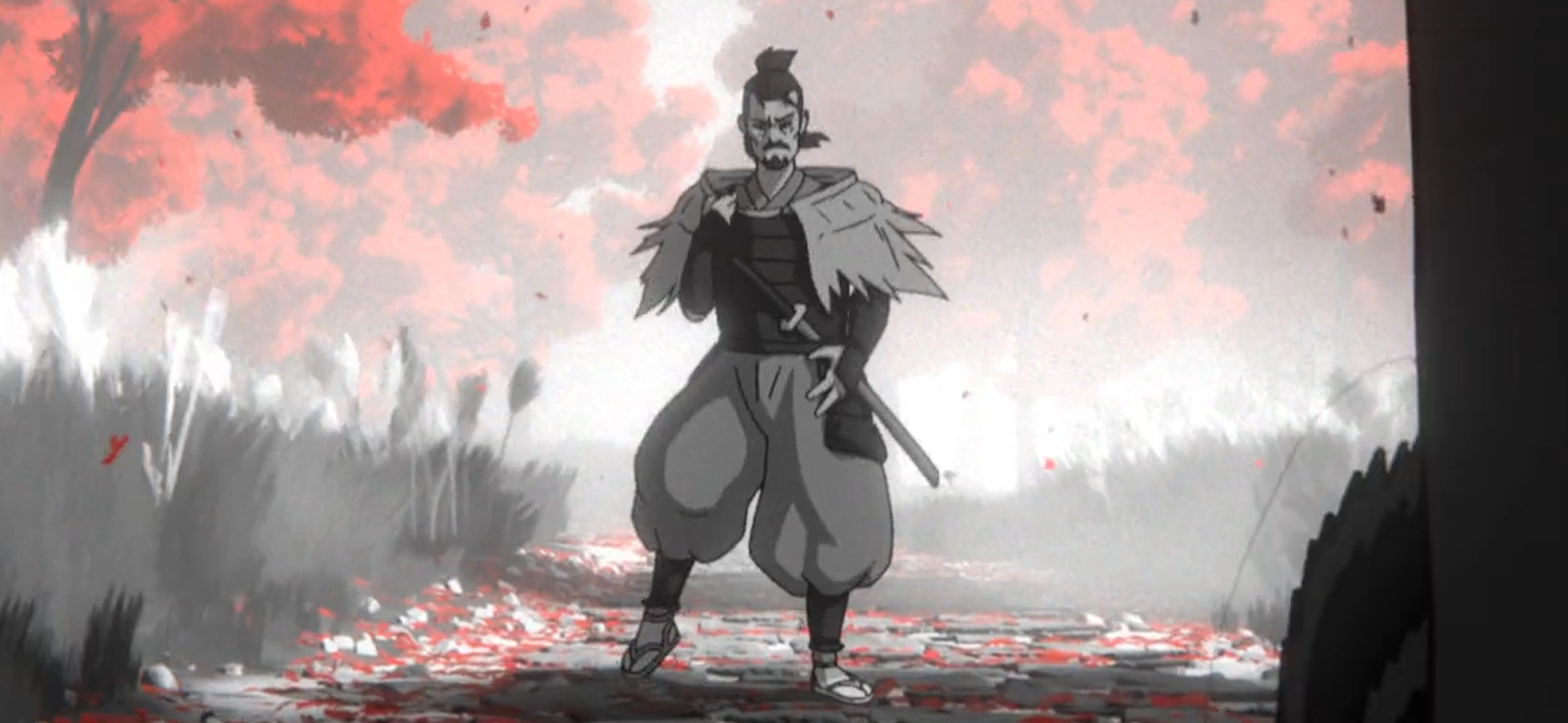 Warrior in traditional armor stands amidst battle chaos, holding a sword.