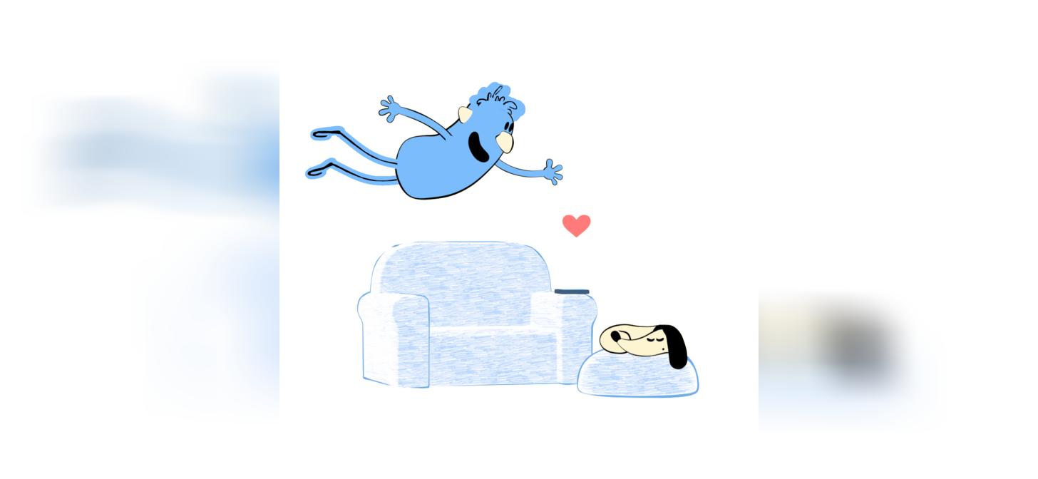 A blue character floats near a couch with a sleeping dog, a heart symbol hovers between them.