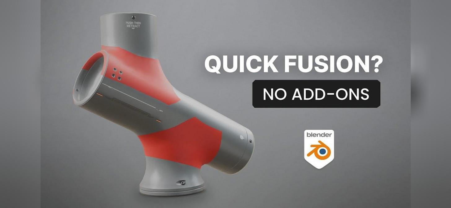 A 3D rendered robotic arm with red and silver accents, labeled "Quick Fusion? No Add-ons" and Blender logo.