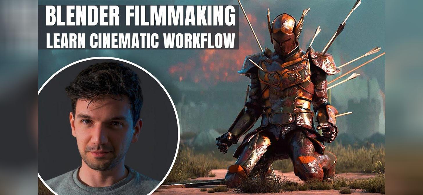 A digital illustration of an armored knight with arrows, Blender Filmmaking text.