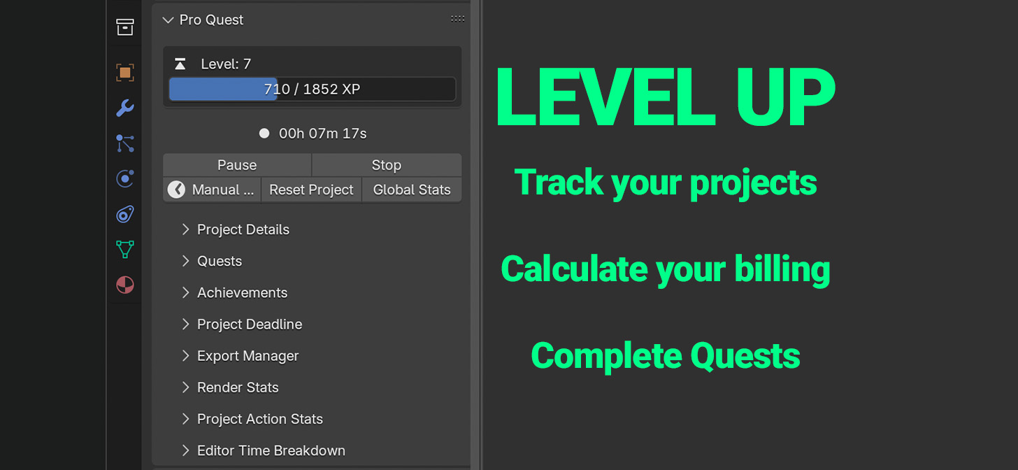 Blender interface displaying project tracking and leveling up.