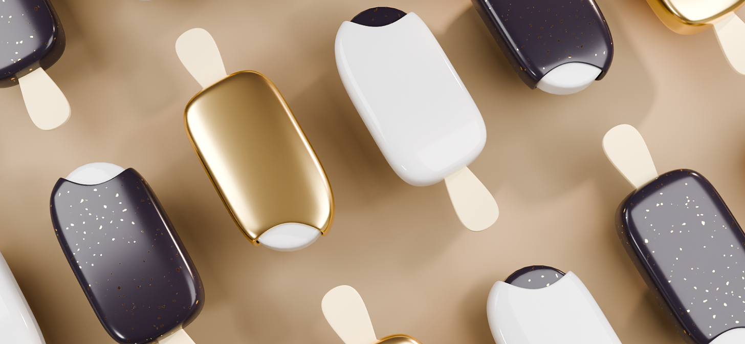 Modern, minimalist 3D render of stylized ice cream bars in gold, black, and white, arranged diagonally on a beige background.