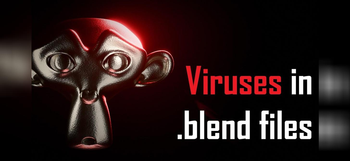 Close-up of a stylized 3D monkey head with red glowing eyes; text "Viruses in .blend files" beside it.