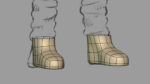 3D rendering of a character's feet wearing tall boots, shown in a wireframe style.