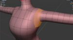 3D model of a character's torso and arm in Blender, showing mesh grid and highlighted edges.