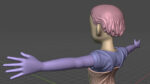 3D model with outstretched arms, short pink hair, wearing a blue shirt and brown pants, rendered in Blender.