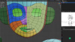 A 3D modeling interface in Blender showing a multicolored, segmented 3D object with grid lines and a small character illustration.