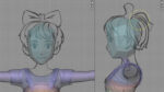 A digital illustration of a character's head and upper body in Blender, showing front and side views with a bow in the hair.