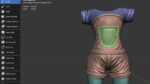 A 3D model of a brown outfit with a green pocket, displayed in Blender's interface.
