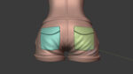 3D rendered image of a character's back, wearing shorts with turquoise and green pockets, highlighted with a blue circle and green line.
