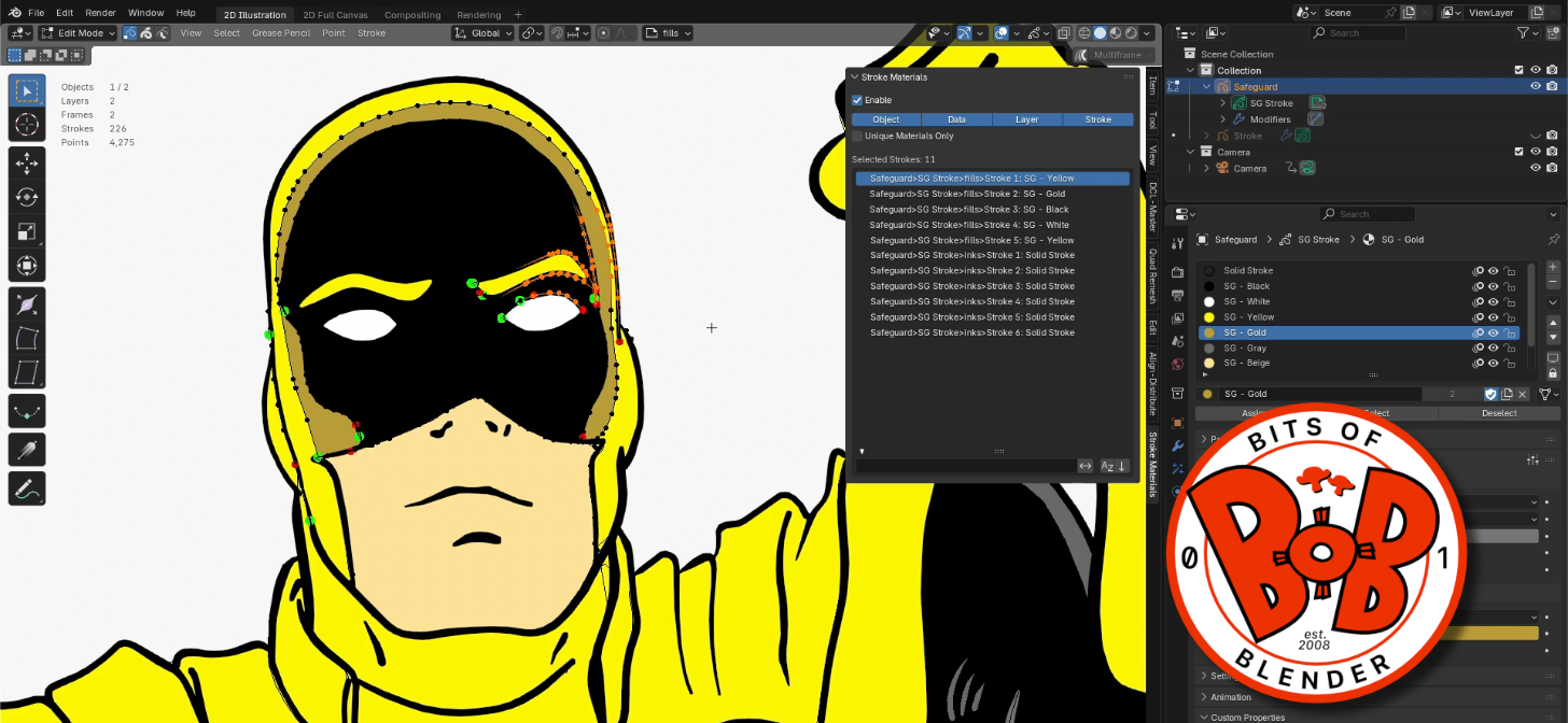 Screenshot of Blender software interface displaying a stylized character with yellow hood and mask, alongside material properties panel.