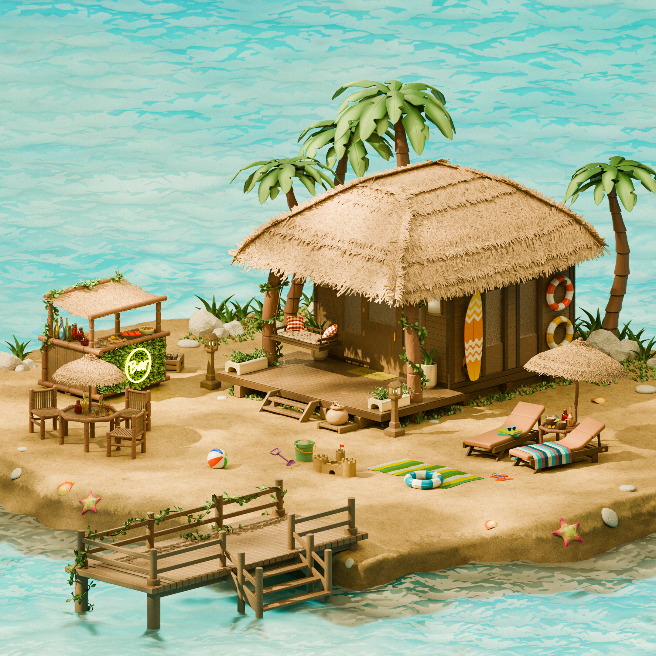 Tropical beach scene with thatched hut, palm trees, lounge chairs, and beach toys.