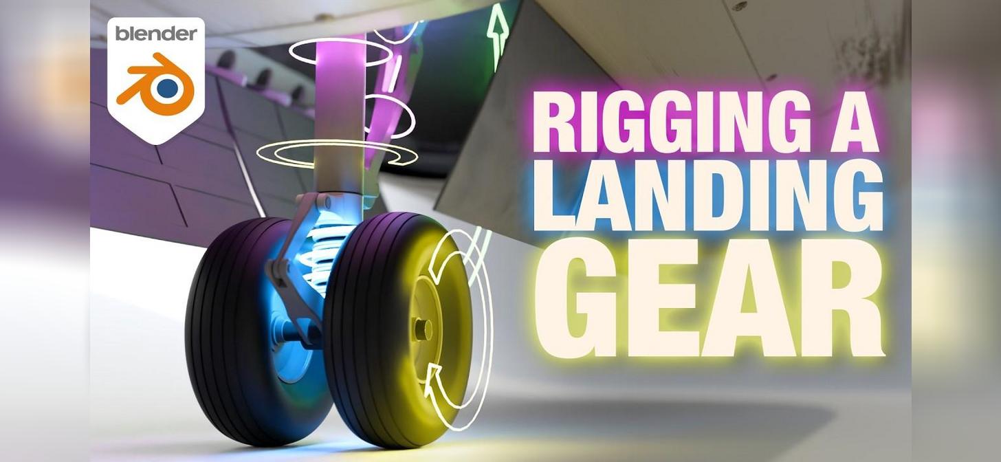 3D rendering of airplane landing gear with Blender logo and text "RIGGING A LANDING GEAR"