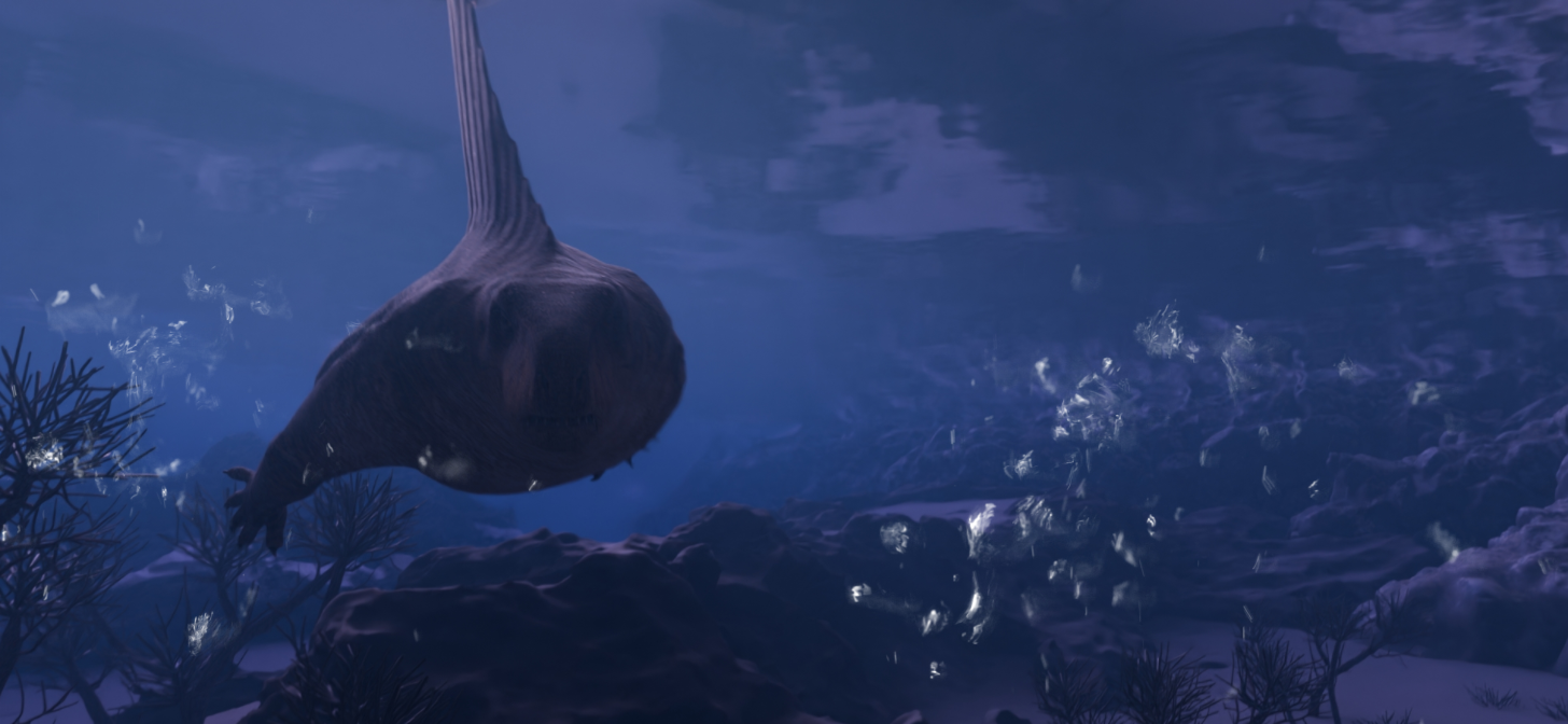 A stylized underwater scene with a large fish swimming near coral reefs, rendered in a dark blue hue.