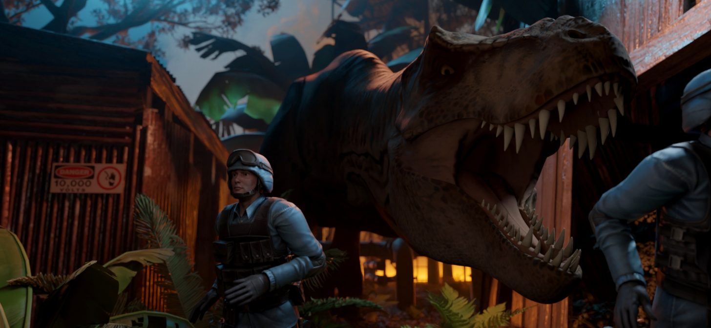 Large dinosaur head roars near two soldiers in tactical gear, one holding a rifle, in a dark, forested area.