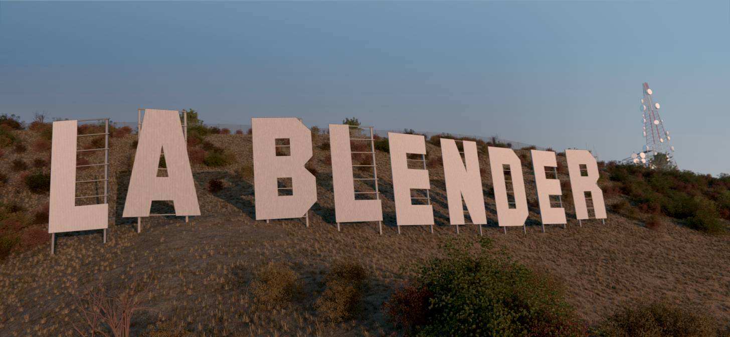 Large 3D letters spelling "LA BLENDER" on a hillside, resembling the Hollywood sign, with a clear blue sky in the background.