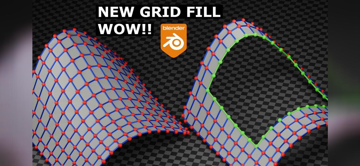 3D grid fill shapes in Blender with red and blue vertices, green edges, and gray faces.