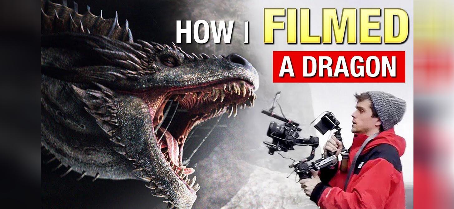 A filmmaker holding a camera faces a stylized, roaring dragon. Text overlay reads "How I Filmed a Dragon."