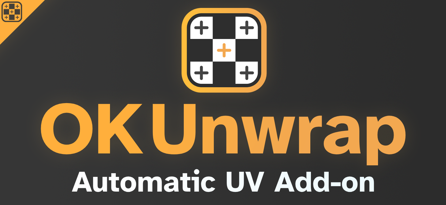 Logo of OKUnwrap with a checkerboard pattern and text "Automatic UV Add-on"