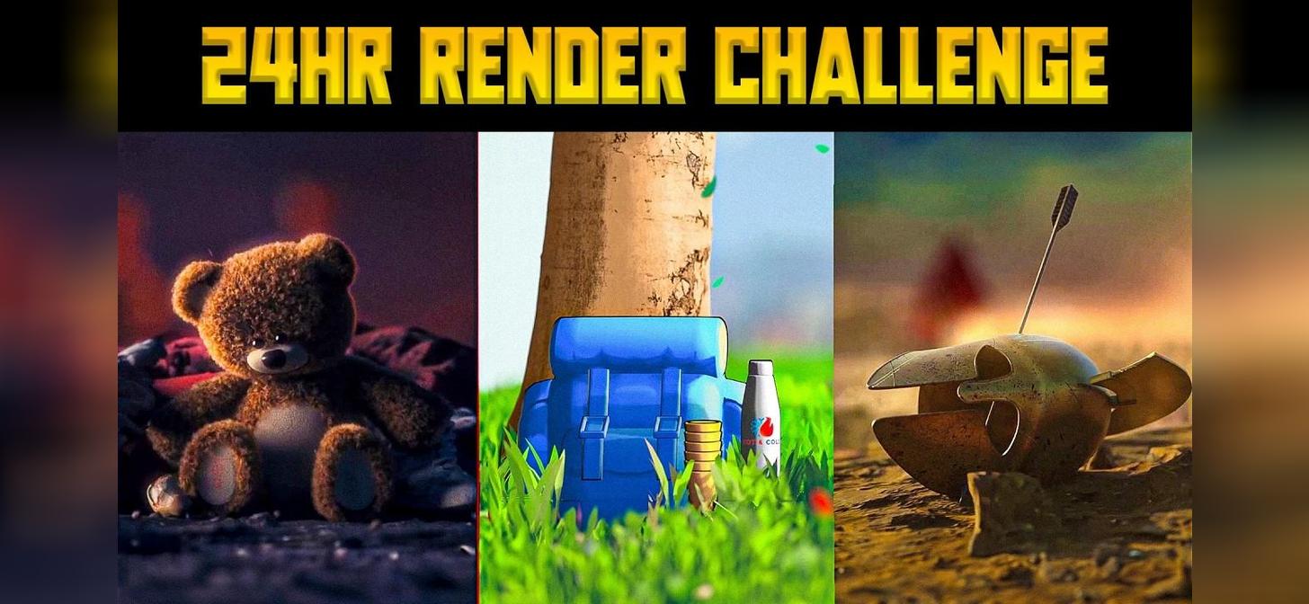 Three distinct 3D renders displayed vertically: a teddy bear on a dark surface, a blue chair near a tree stump, and a rusty helmet in a desert landscape.
