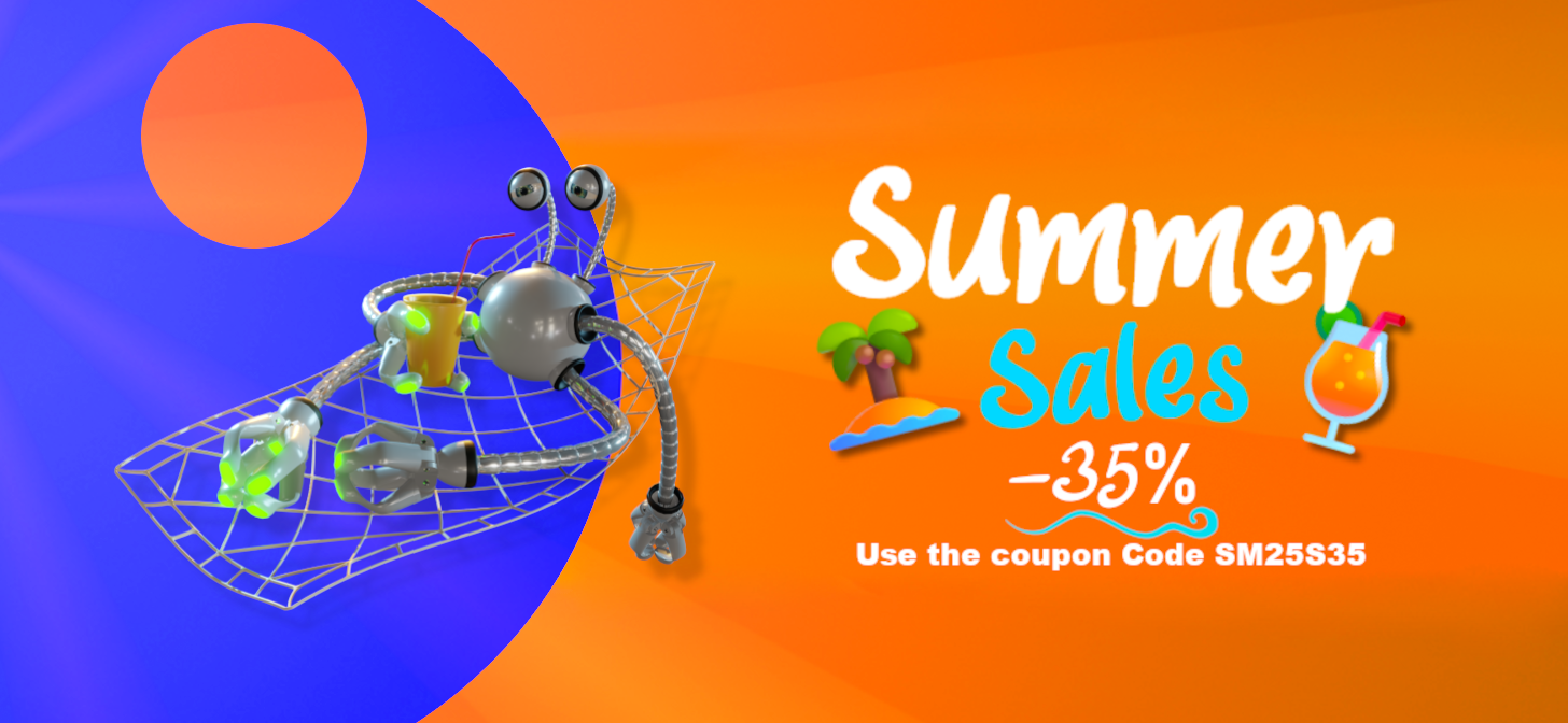 3D robot holding cocktail glass, summer sale banner with 35% discount, tropical theme.