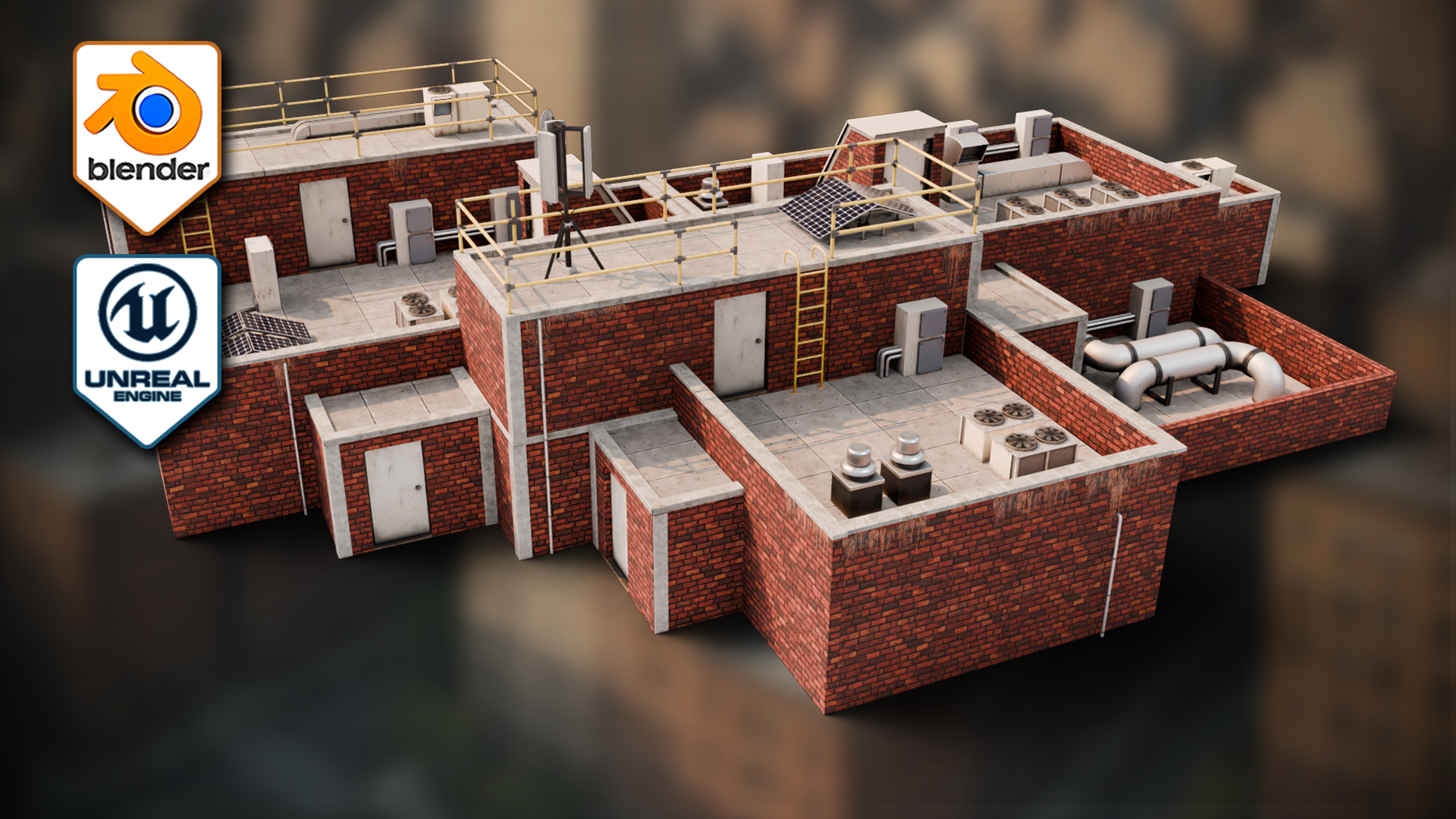 3D rendered industrial building with Blender and Unreal Engine logos.