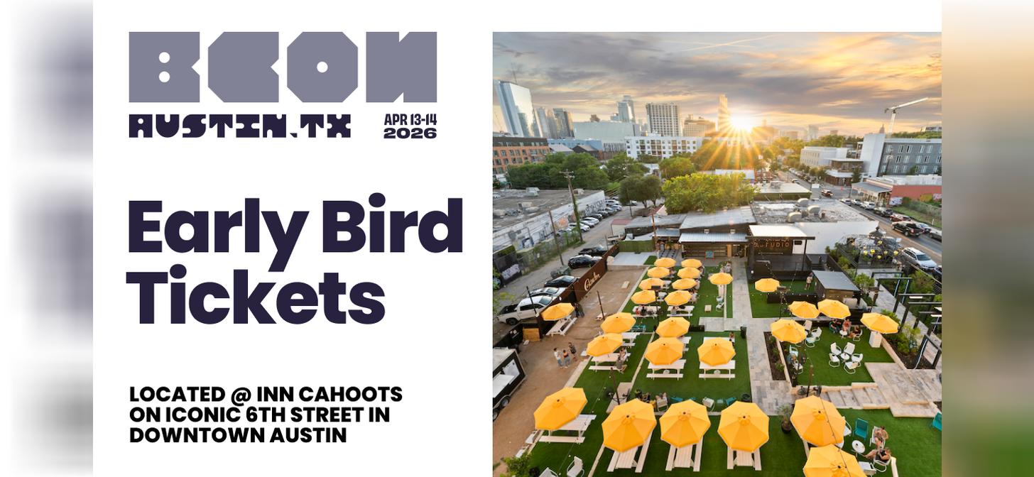 Promotional poster for Austin event, featuring cityscape and outdoor seating area with yellow umbrellas.