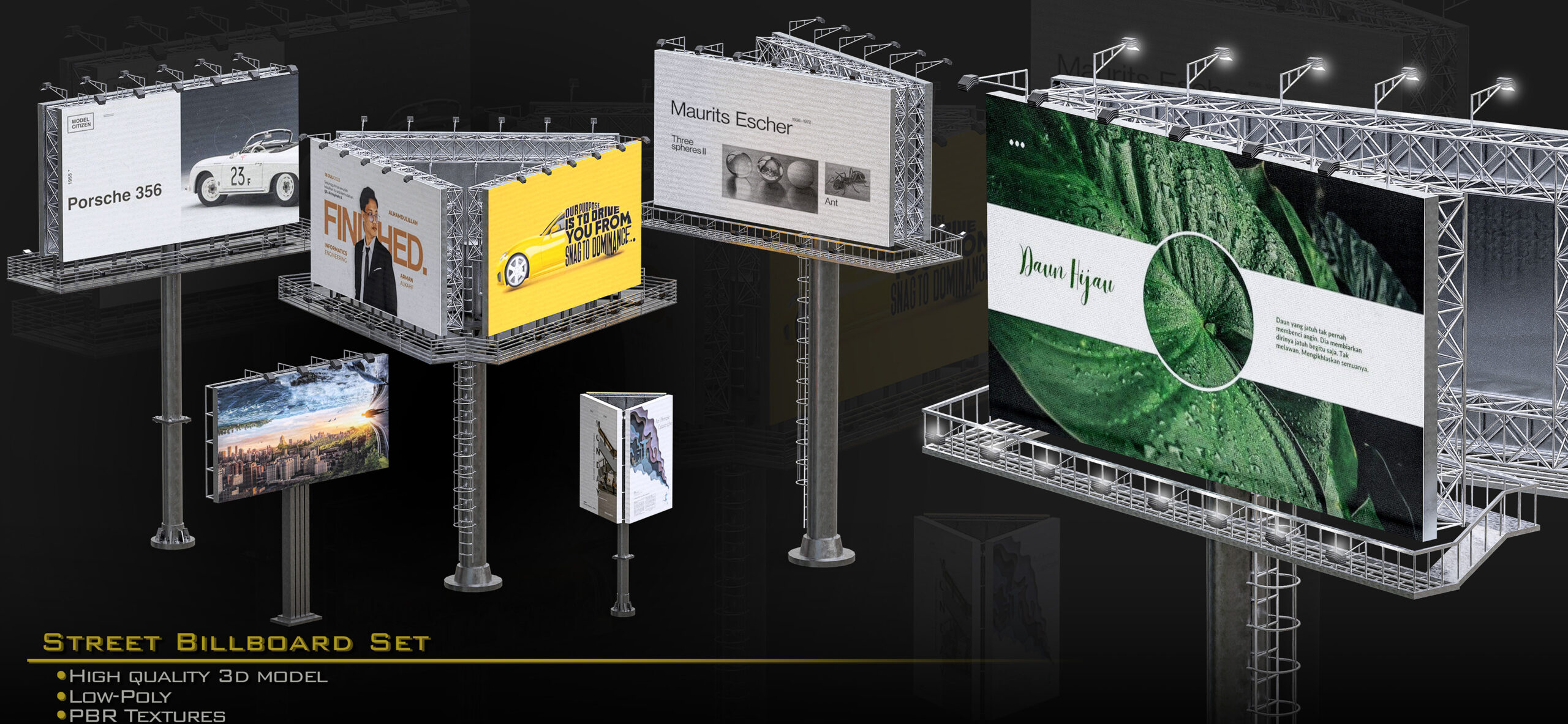 High-quality 3D street billboard set with various advertisements, including Porsche and Maurits Escher, showcasing different designs and textures.