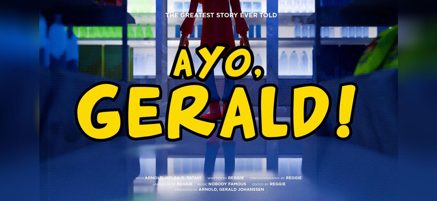 Blurry image with text "AYO, GERALD!" in large, yellow, cartoon-like font. Person in red shirt and blue jeans in background.