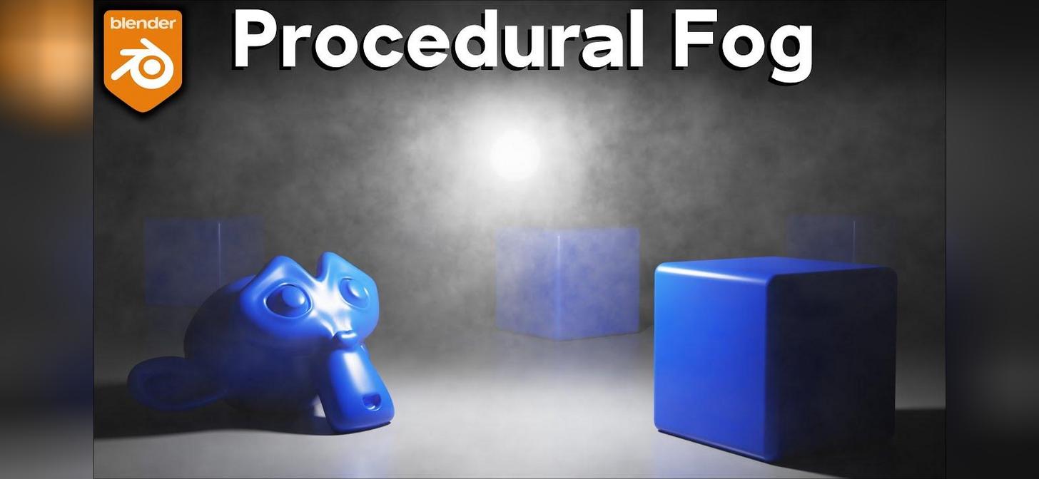 Blue 3D objects including a stylized cat and cubes in a foggy environment with Blender logo.