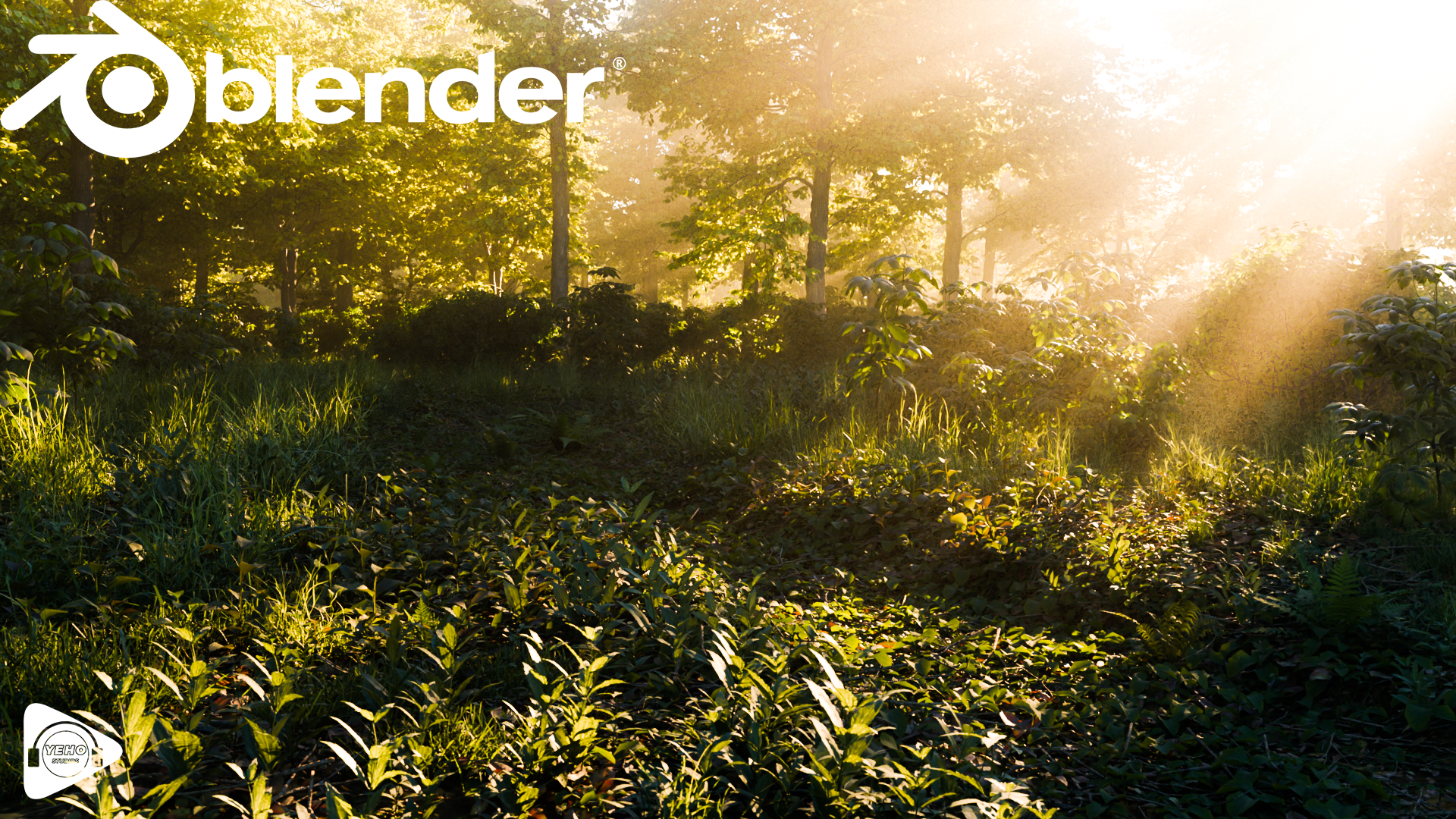 A serene forest scene rendered in Blender, showcasing dense foliage and sunlight filtering through trees.
