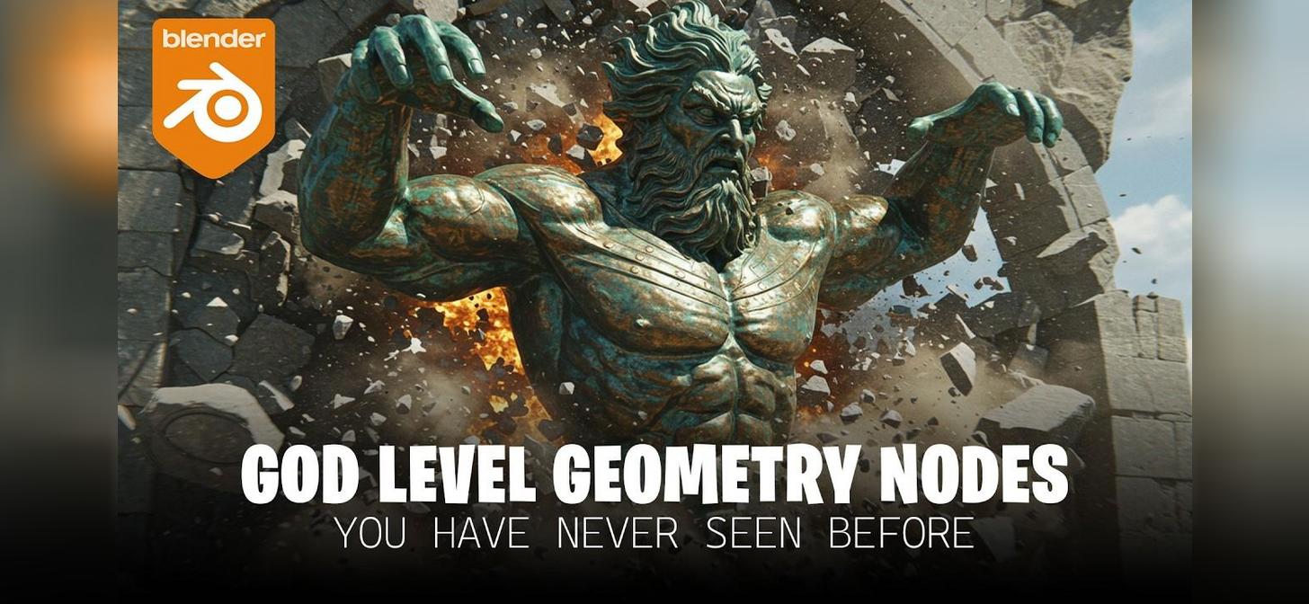 Muscular, divine figure breaking stone structure; Blender logo top left.