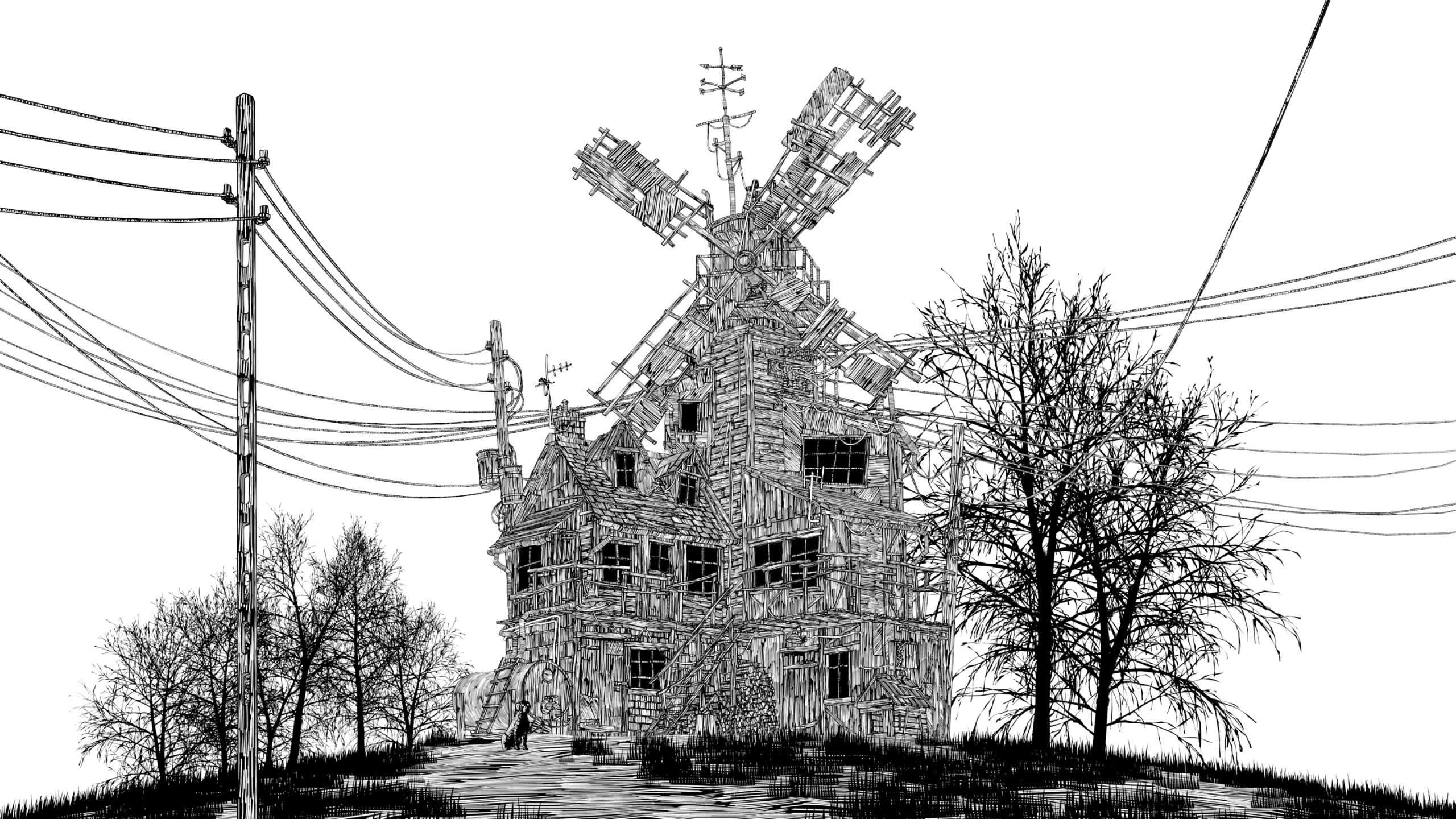 Wireframe illustration of a windmill house with surrounding trees and power lines.