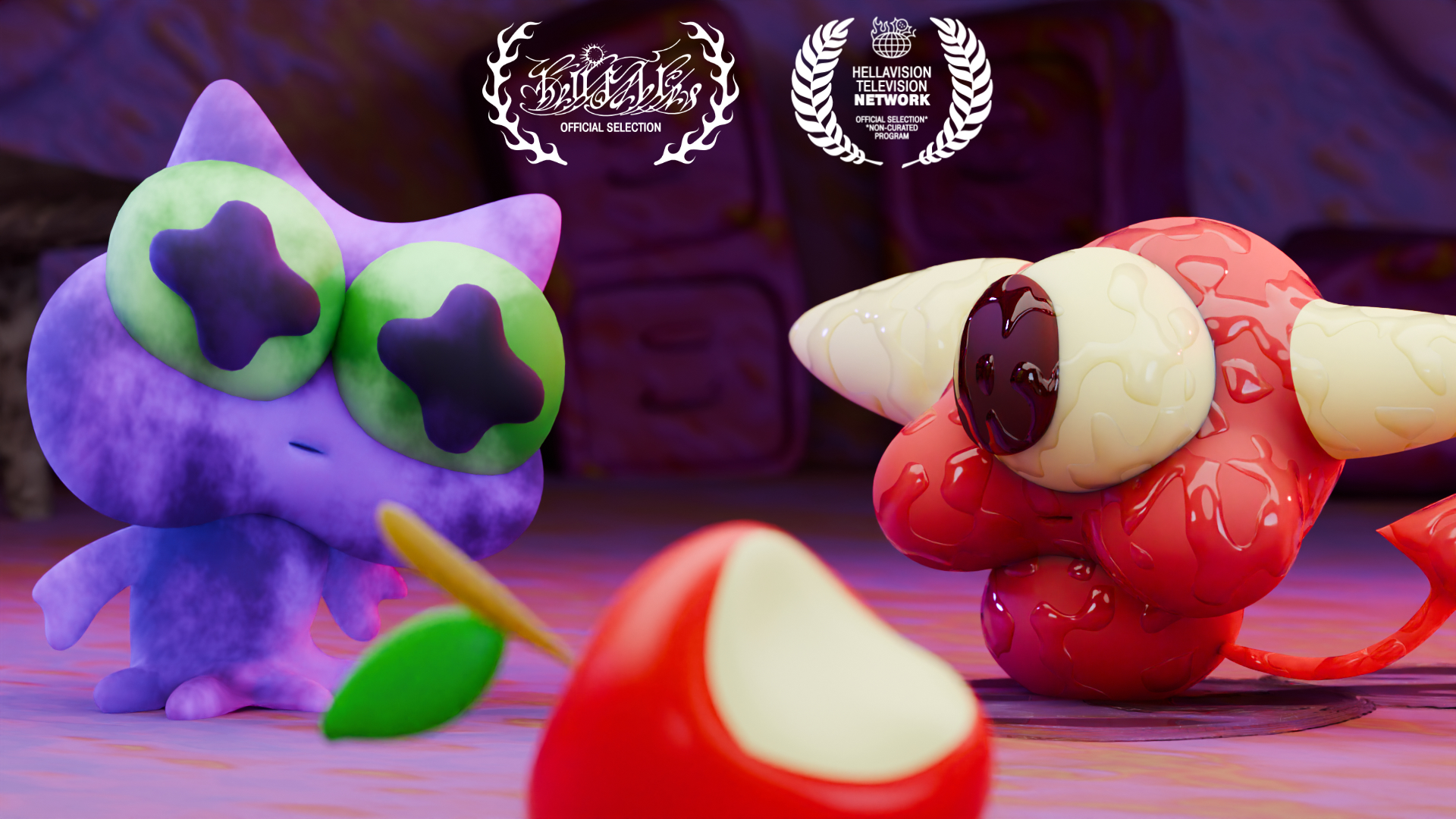 Two whimsical, stylized 3D characters, one purple cat with green eyes and one red creature with a large eye, posed on a colorful surface with badges indicating awards.