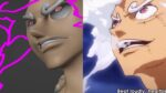 Close-up of an anime-style character's face with exaggerated features, depicted in both 3D render and 2D art styles.