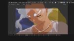 A screenshot of Blender's interface displaying an anime-style character with closed eyes and a serene expression, wearing a yellow garment.