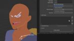 A cartoon character in Blender interface with settings panel visible.