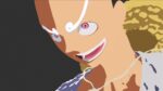 Close-up of a stylized, smiling character with large eyes wearing headphones, holding a white cord.