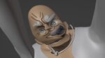 3D rendered character with exaggerated features and mechanical eye, likely created using Blender software.