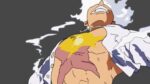 Animated character with exaggerated muscles, wearing a white tank top, flexing with a determined expression.