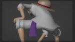 3D rendered figure in white dress and hat bending over, holding purple object.