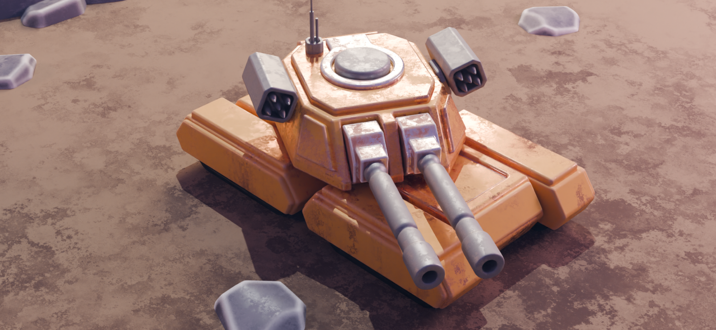 3D rendered orange tank on sandy terrain with gray cannons and small rocks.