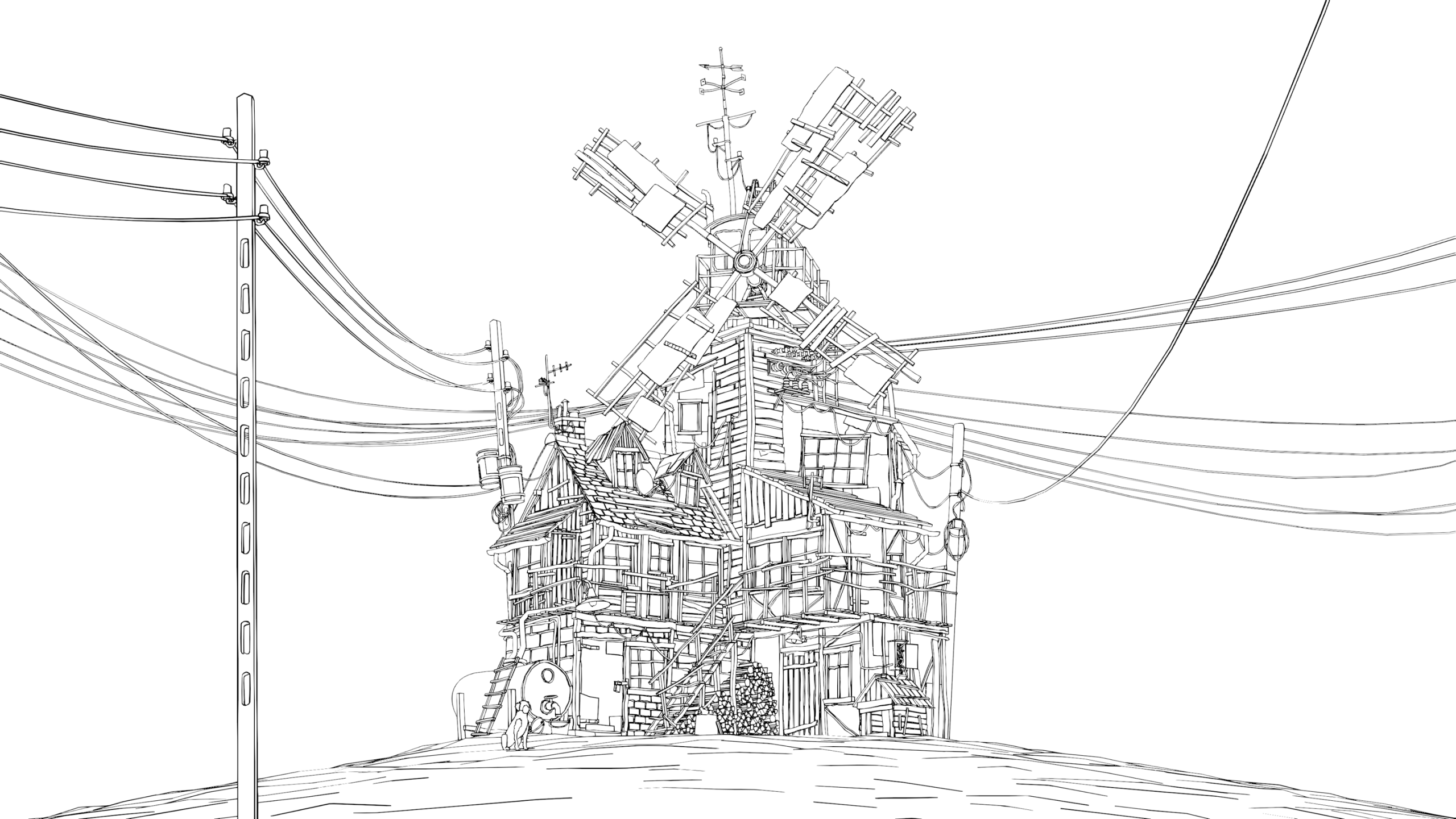 A detailed line drawing of a whimsical, multi-level house with a windmill on top, surrounded by numerous power lines and a utility pole.