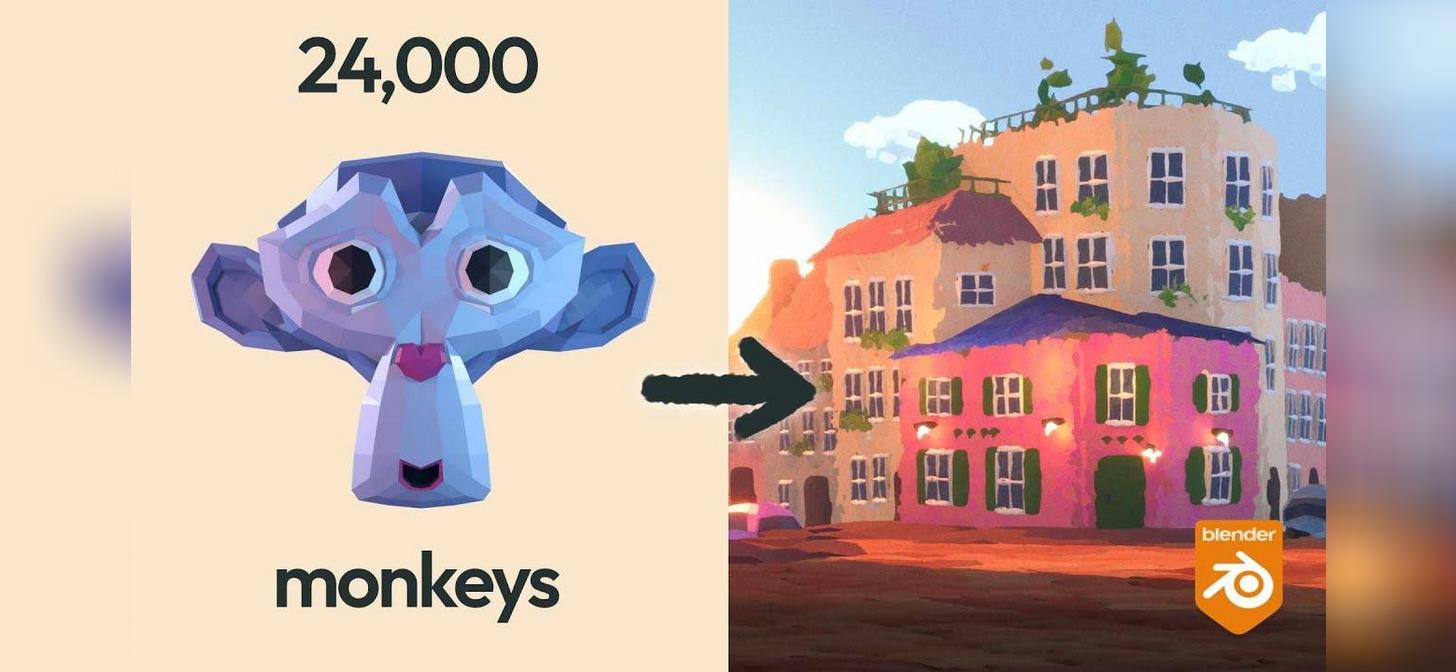 Low-poly 3D monkey model pointing to colorful building illustration, Blender logo visible.