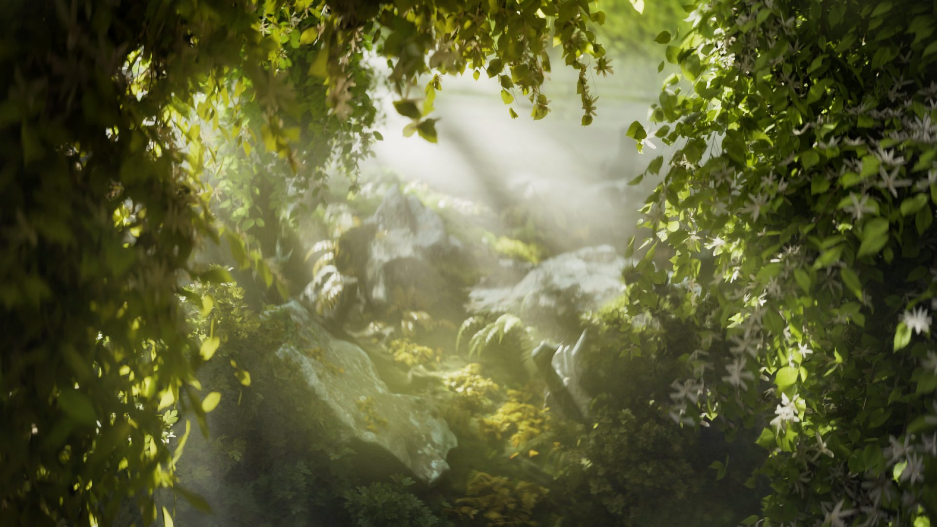 Lush forest scene with sunlight filtering through dense green foliage, illuminating the forest floor with dappled light.