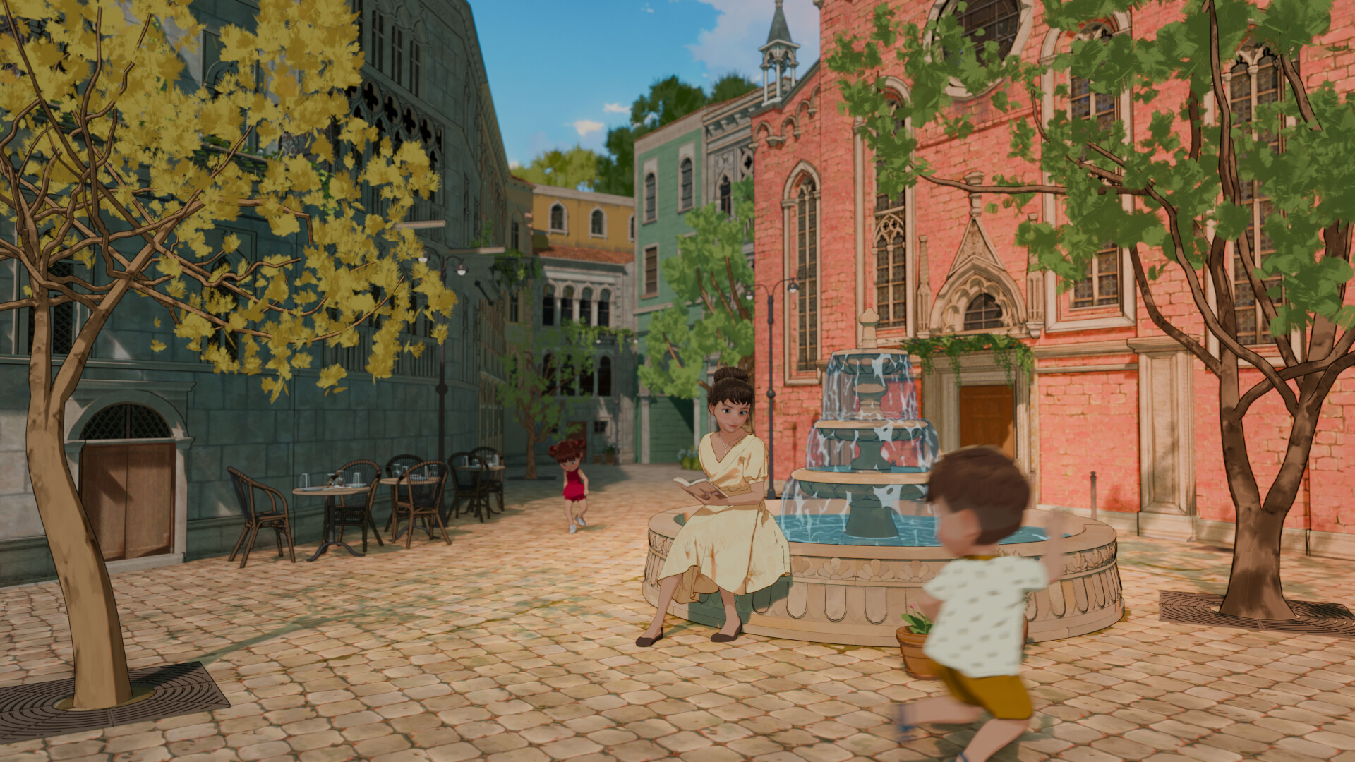Animated children in a colorful town square with cobblestone streets, trees, and buildings.
