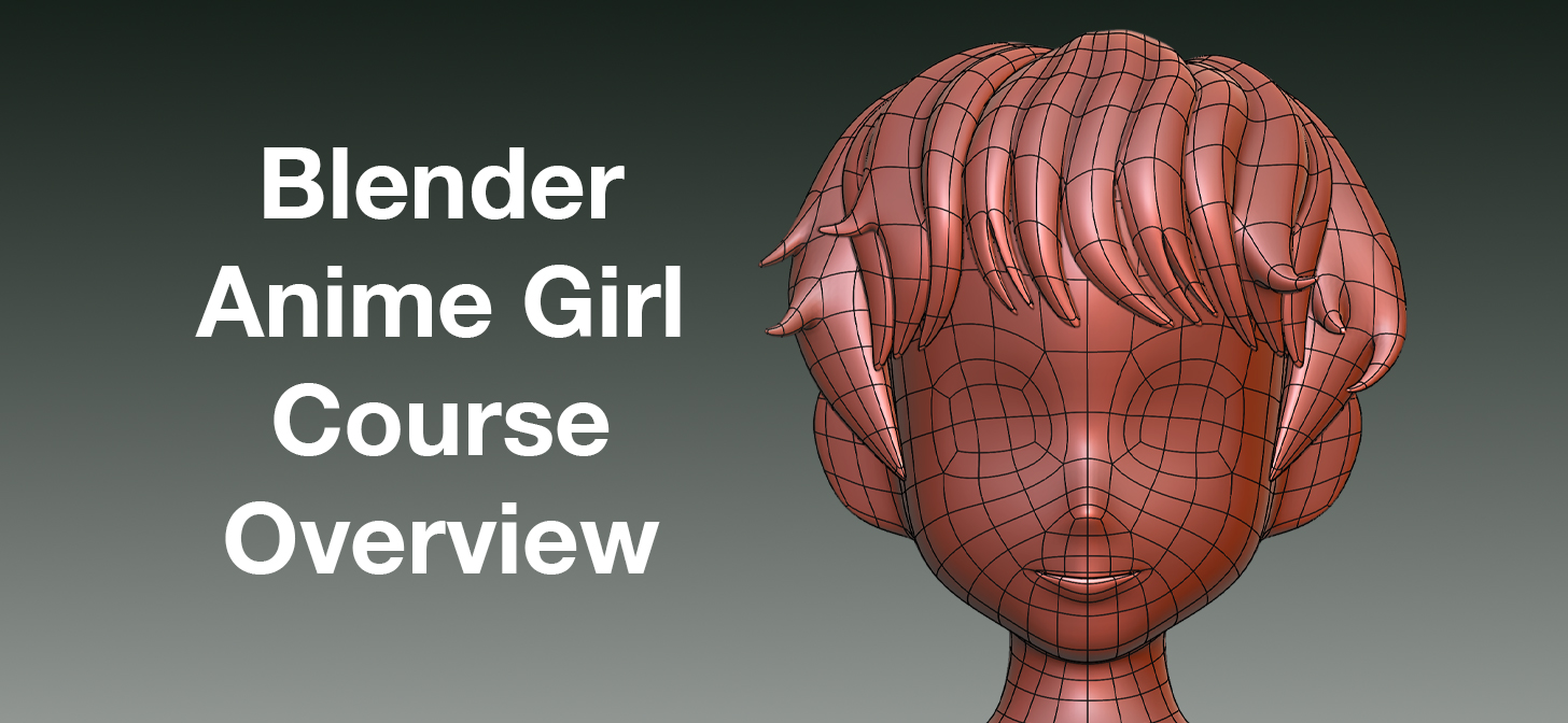 3D anime girl head model in Blender course overview. Wireframe visualization.