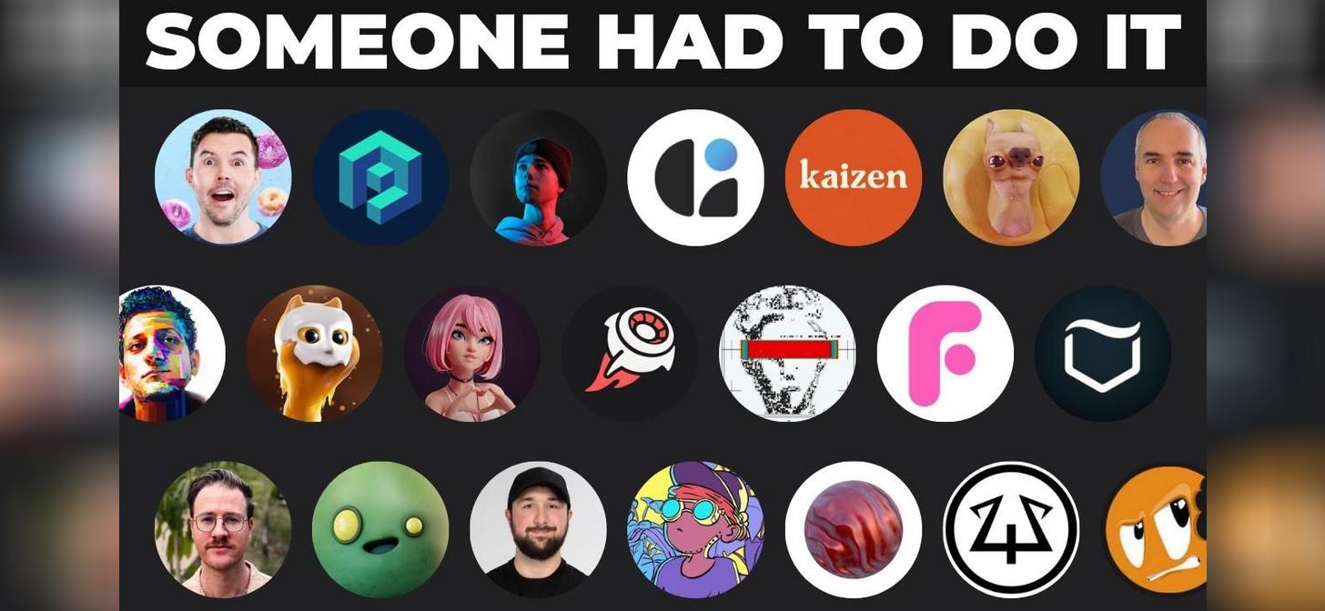 A grid of avatars and logos, including stylized human faces, cartoon characters, and various symbols, arranged on a black background.