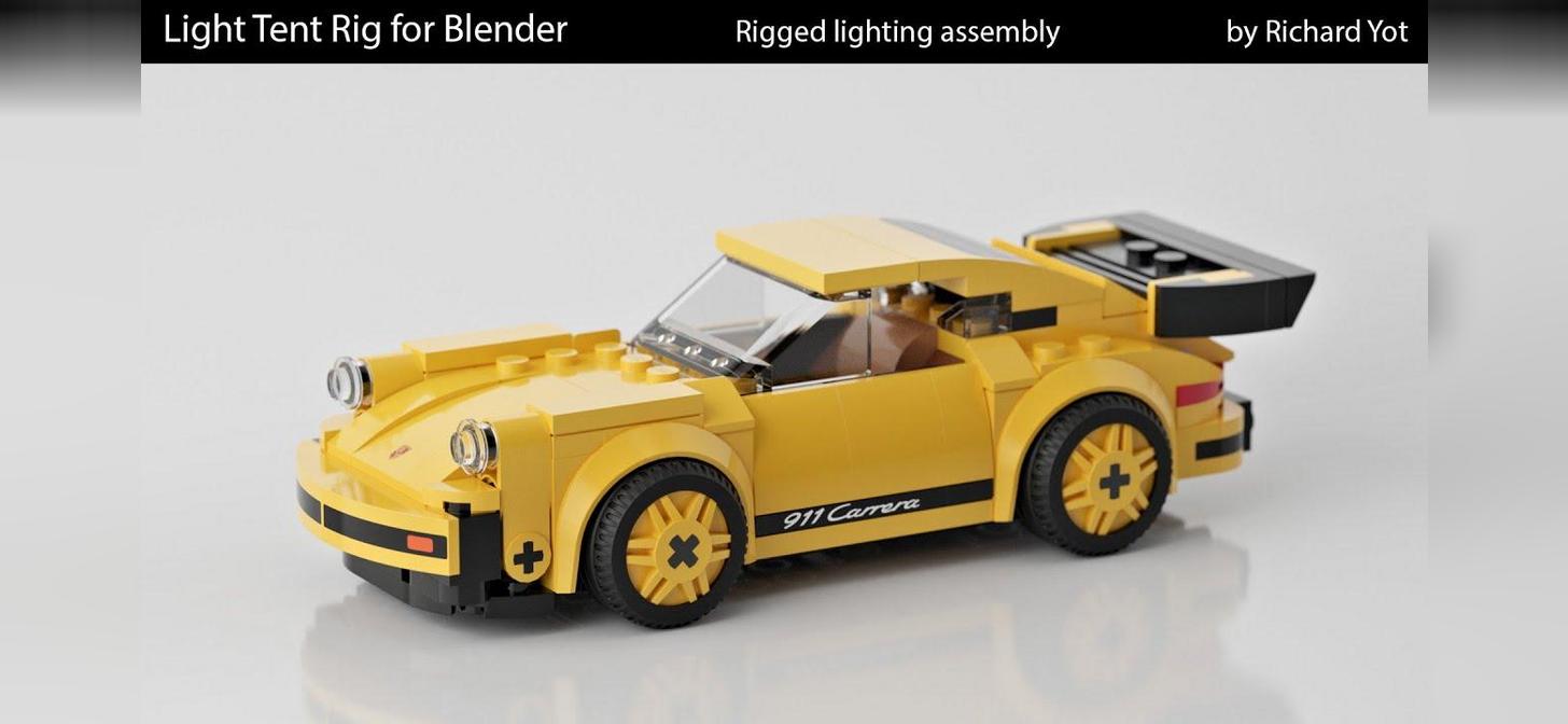Yellow LEGO Porsche 911 Carrera with open hood and rear spoiler.